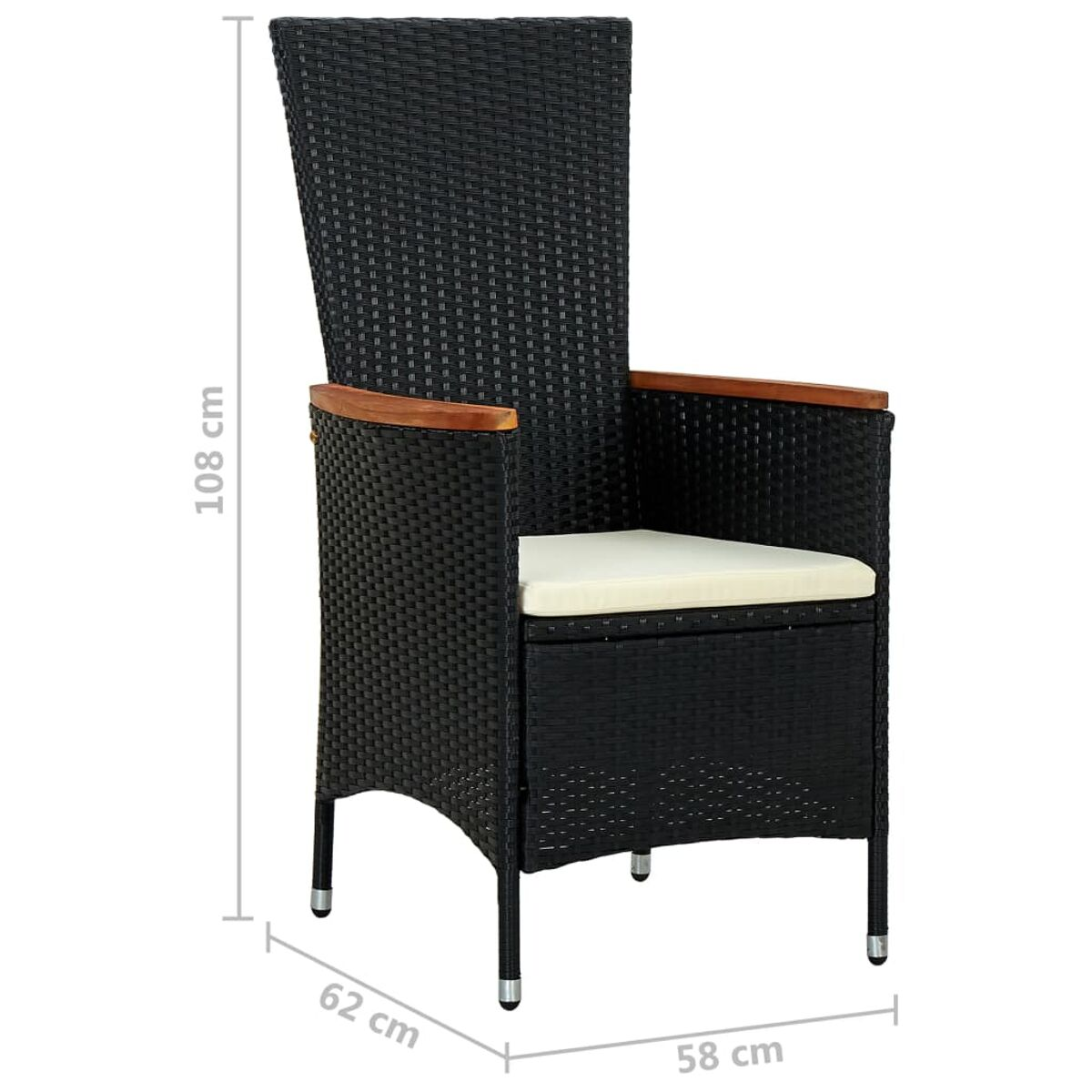 Schwarzer Outdoor-Stuhl aus Korbgeflecht mit weißem Kissen. Holzarmlehnen sind sichtbar.