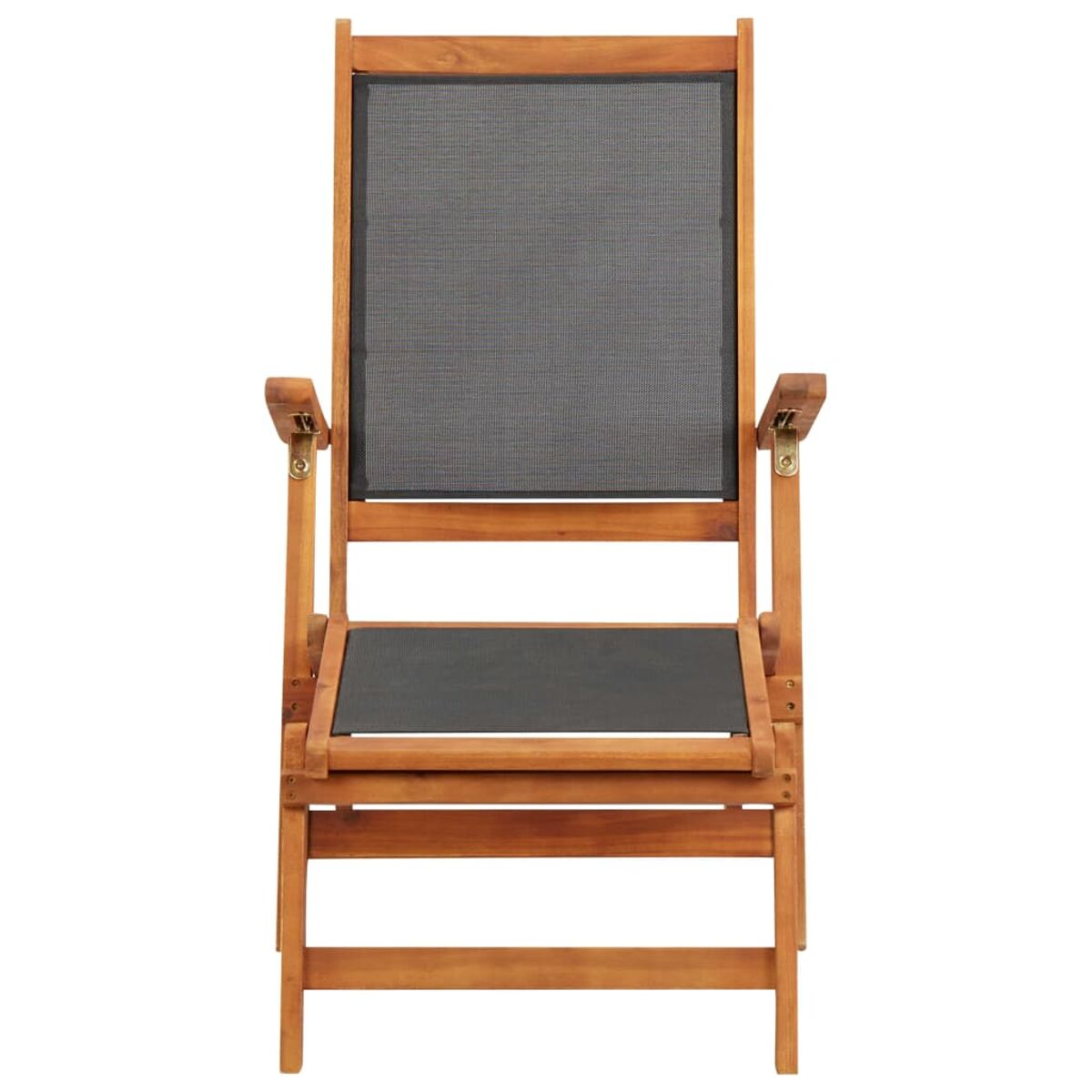 Holz-Outdoor-Stuhl mit dunklem Netzrücken und Sitz. Isoliert.