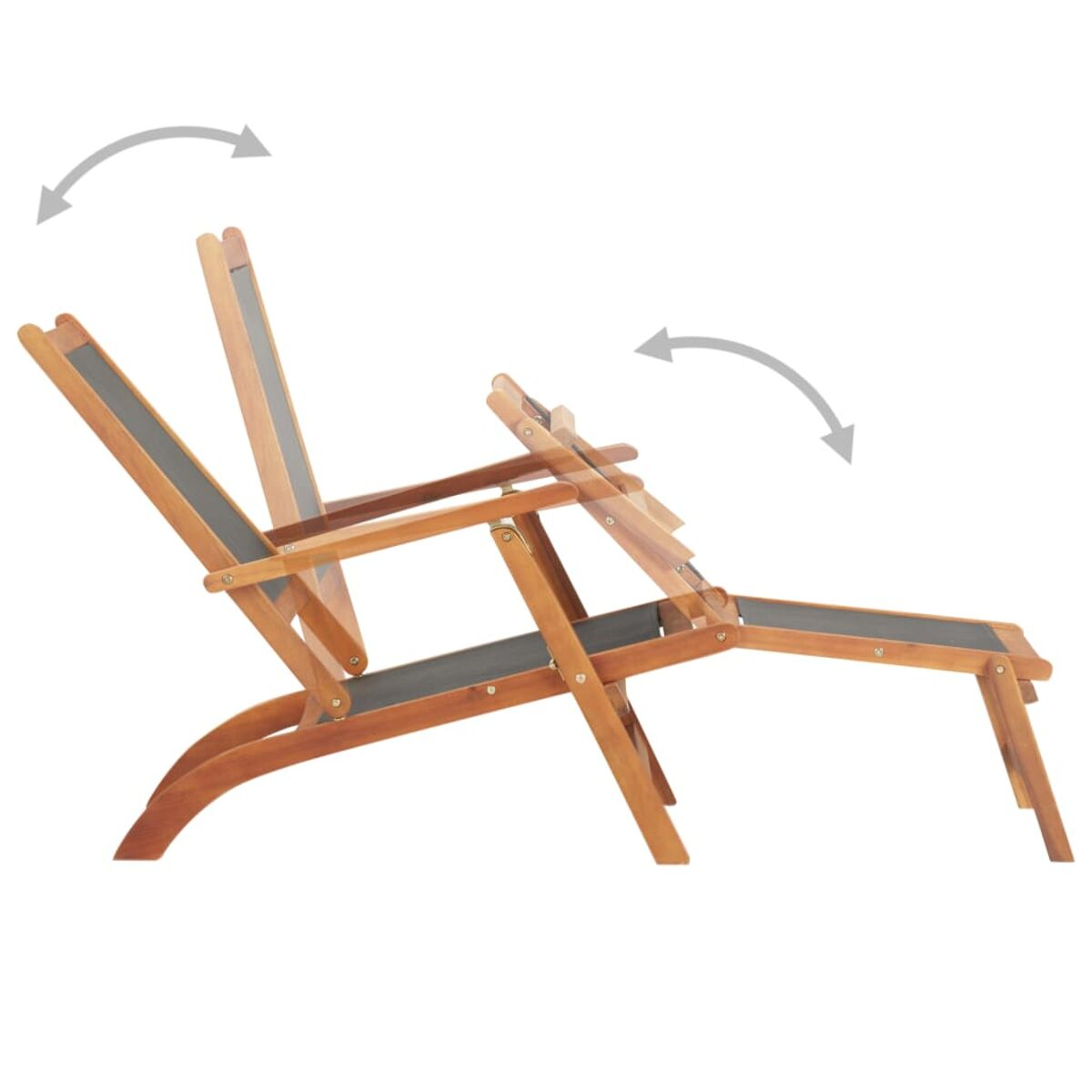 Liegestuhl aus Holz, schwarzer Stoff. Pfeile zeigen Liegepositionen an.