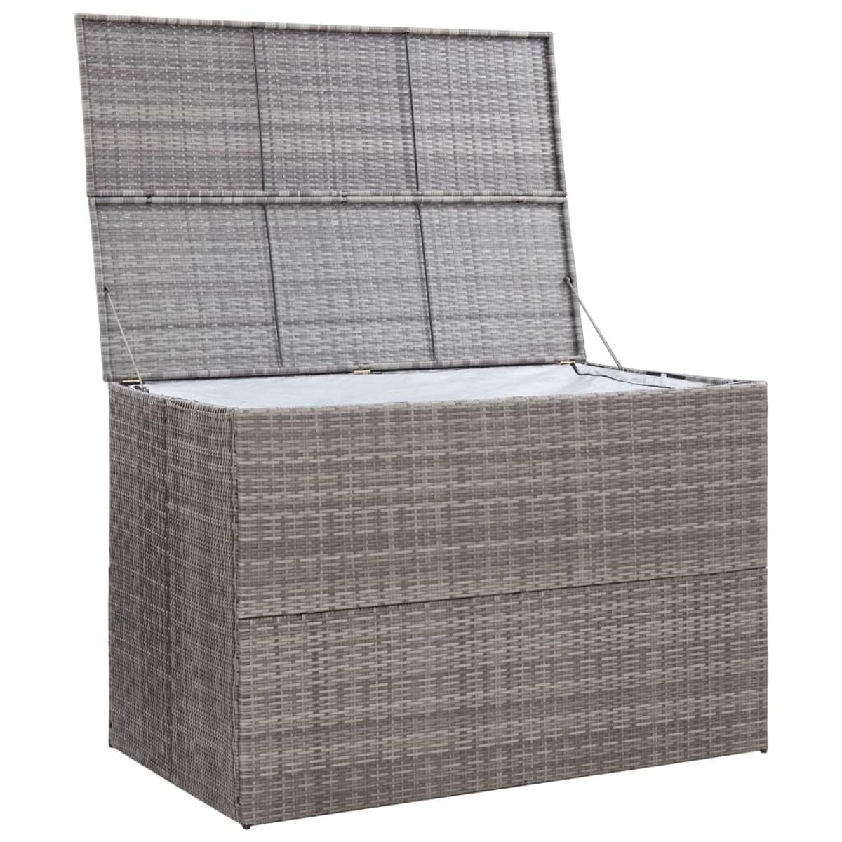 Graue Rattan-Aufbewahrungsbox mit offenem Deckel. Es hat einen weißen Innenraum.