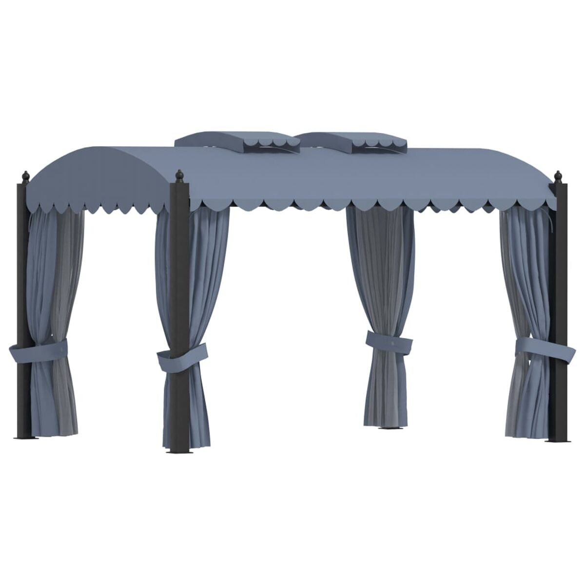 Blauer Pavillon mit gewelltem Dach, Vorhängen und Bindungen, vor weißem Hintergrund.