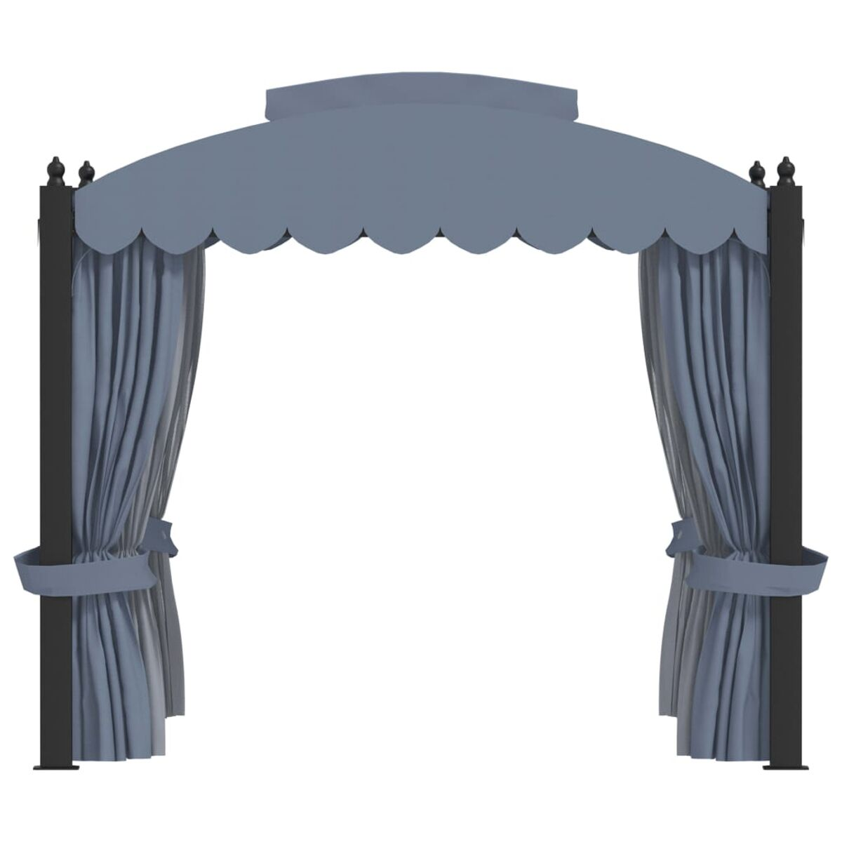 Eine gazebo-ähnliche Struktur mit wellenförmiger Oberseite und Vorhängen, auf weißem Hintergrund.