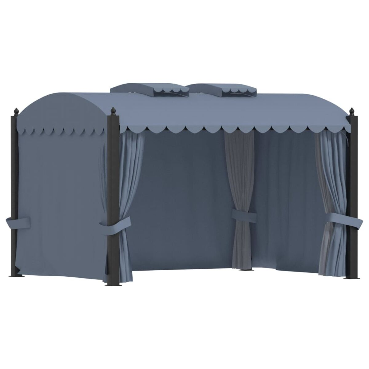 Blauer Outdoor-Pavillon mit gewelltem Besatz und Vorhängen, auf weißem Grund.