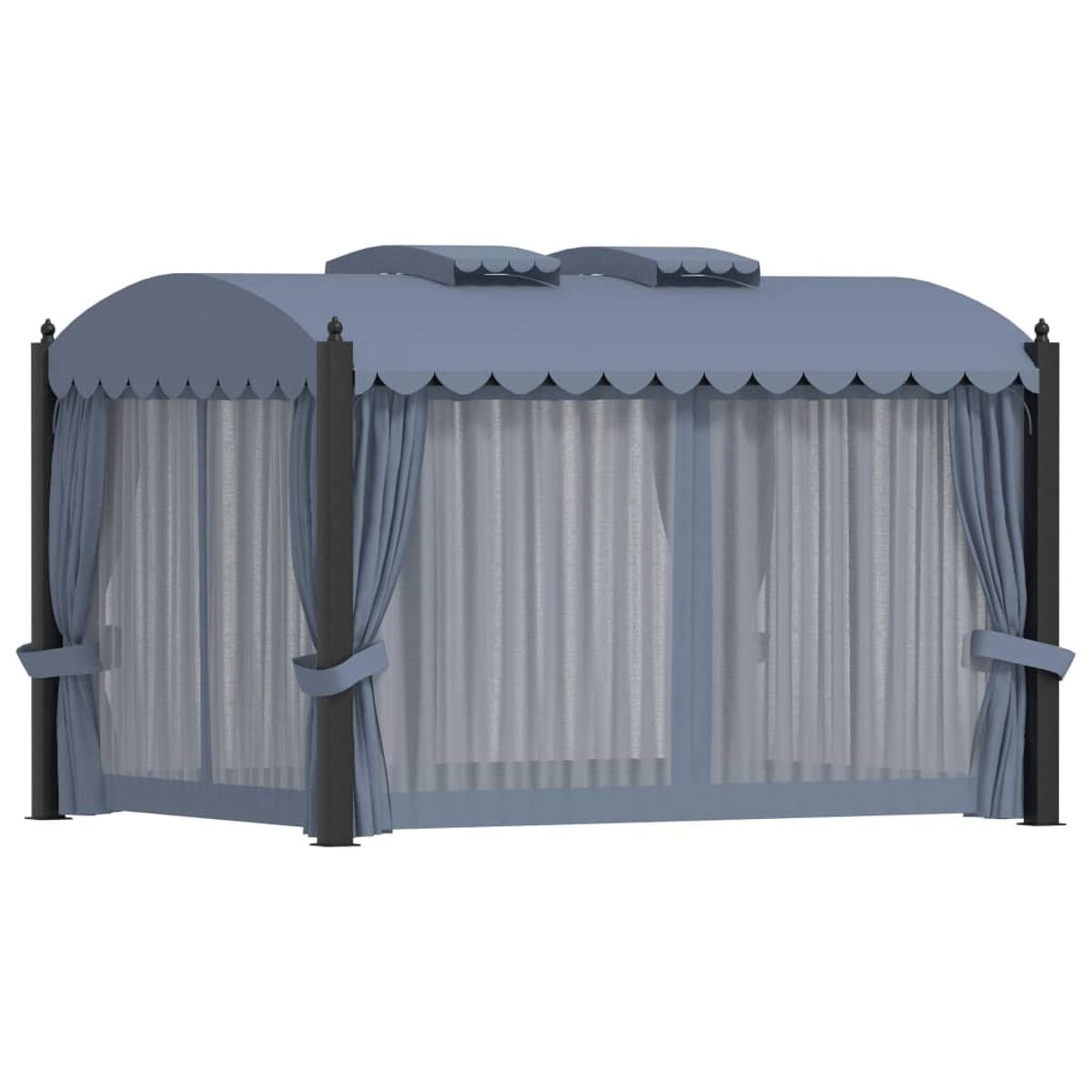 Blauer Pavillon mit gewelltem Dachrand und weißen Vorhängen. Der Pavillon hat vier graue Stützpfosten.