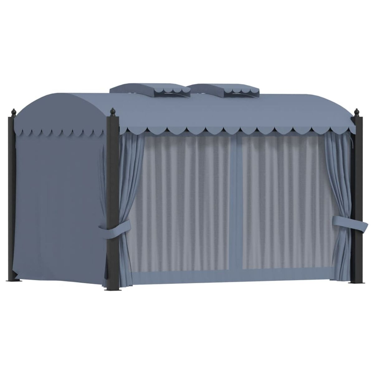 Blaues Outdoor-Himmelbett mit weißen Vorhängen. Der Hintergrund ist weiß.