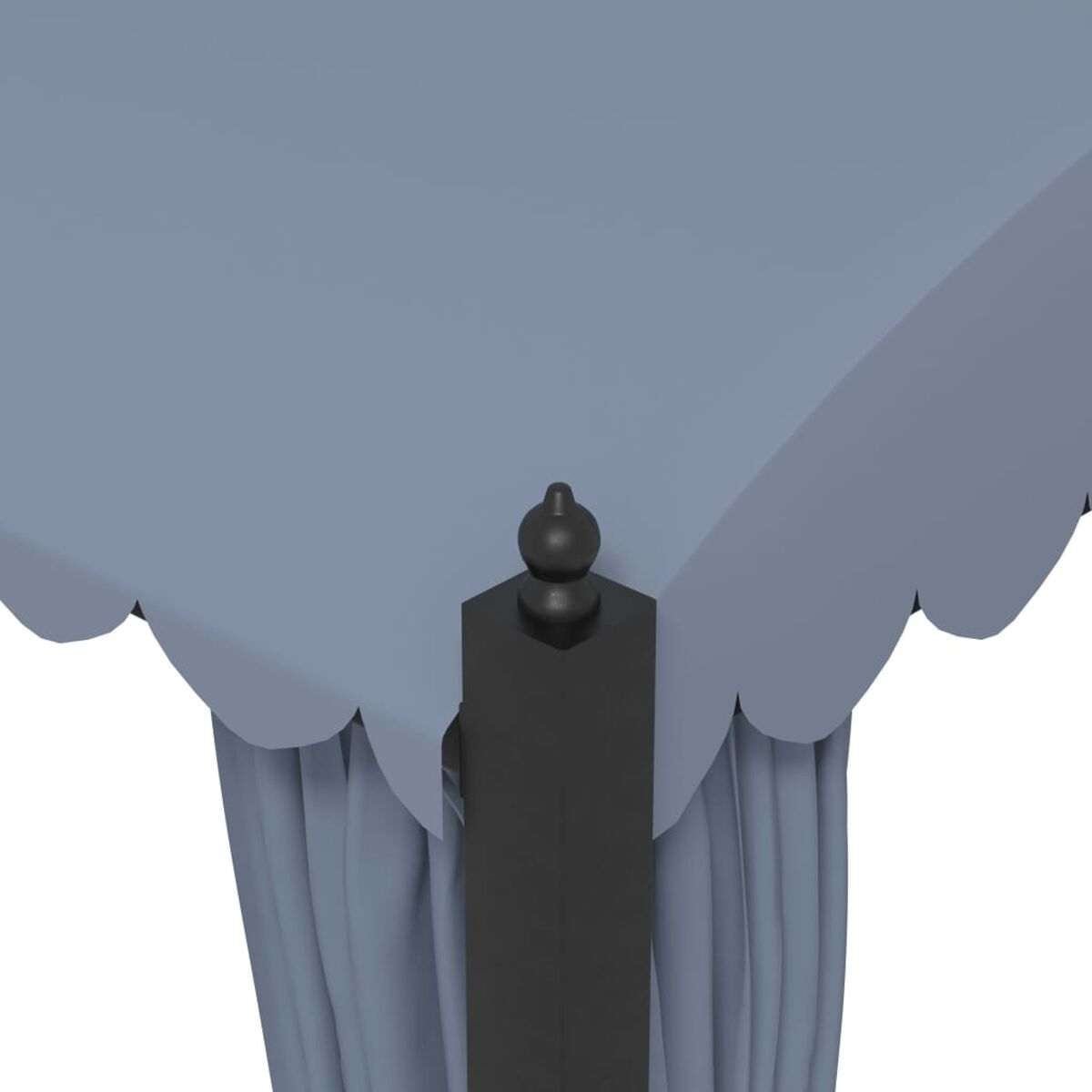 Nahaufnahme einer Himmelbett-Ecke mit blauem Stoff und einem schwarzen Pfosten, weißer Hintergrund.
