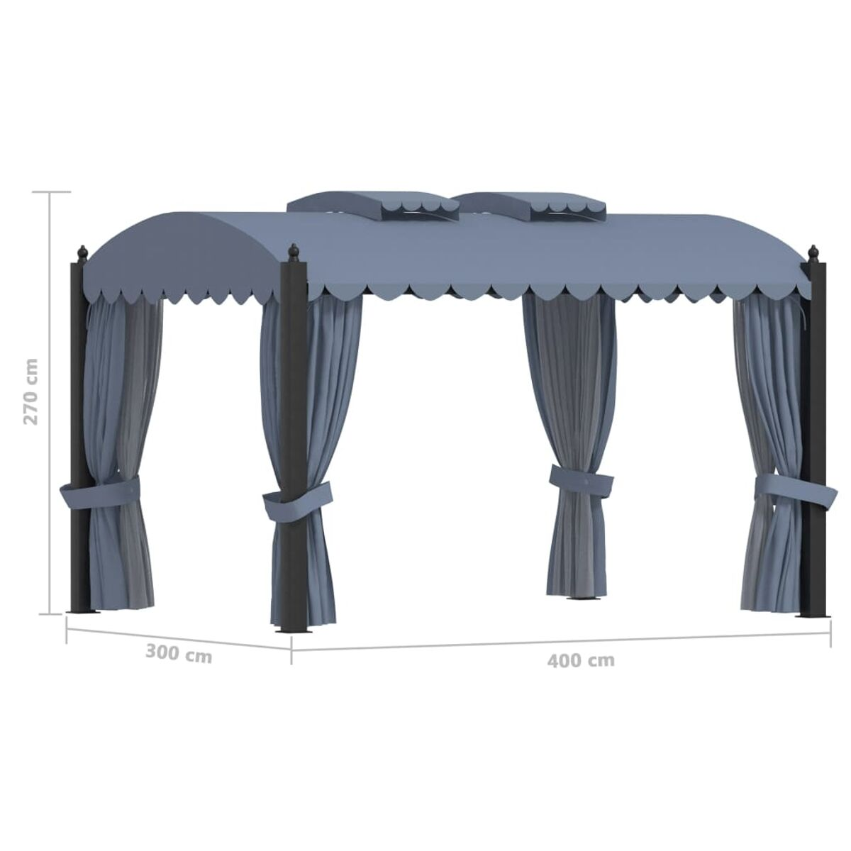 Ein blauer Outdoor-Pavillon mit Vorhängen. Er ist 300 cm breit, 400 cm lang und 270 cm hoch.