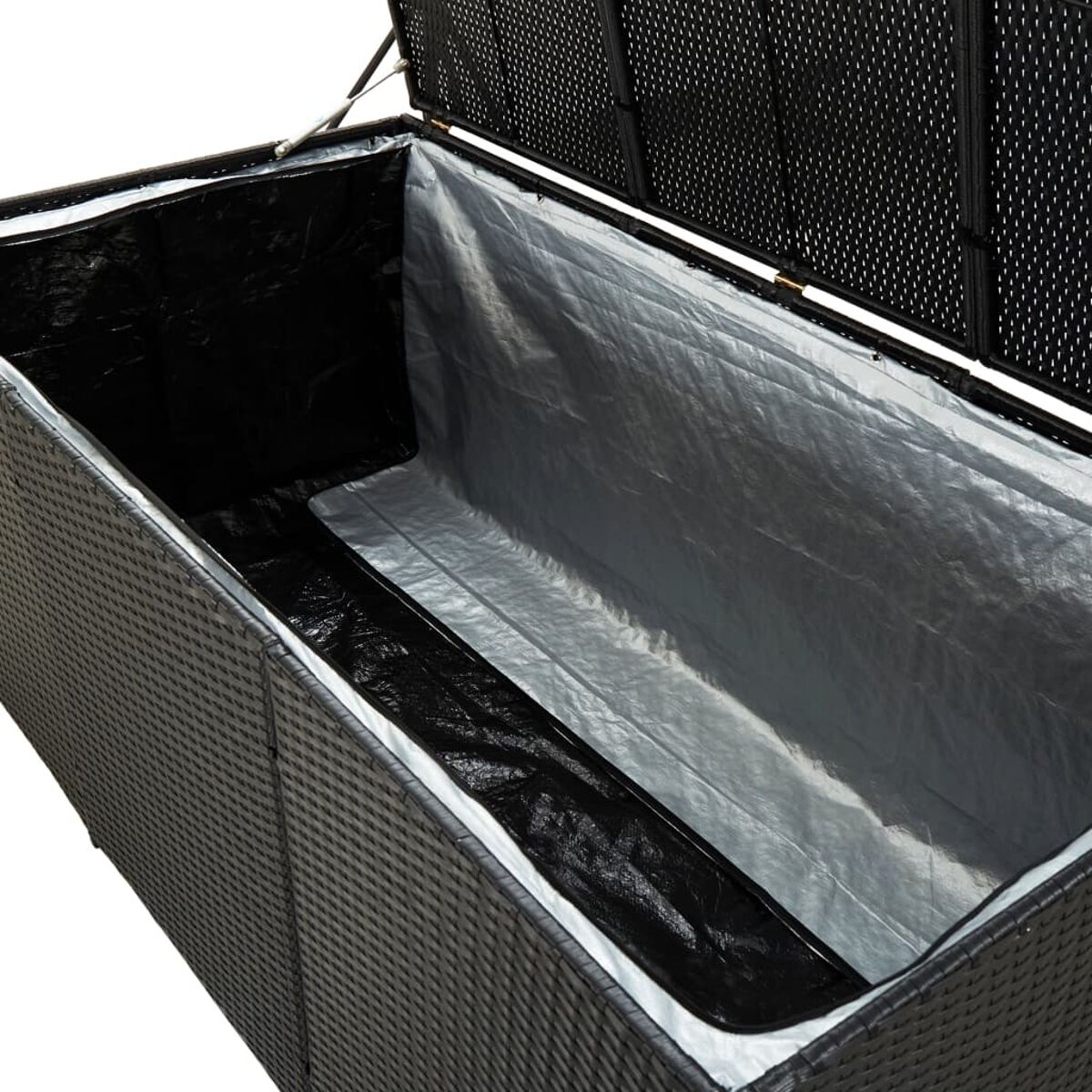Schwarze Weide-Aufbewahrungsbox, offen, mit silbernem und schwarzem Innenfutter.