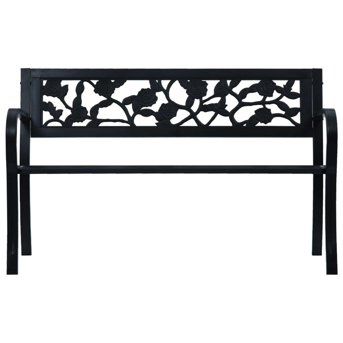Eine schwarze Metallbank mit einem floralen Design-Ausschnitt in der Rückenlehne auf weißem Hintergrund.