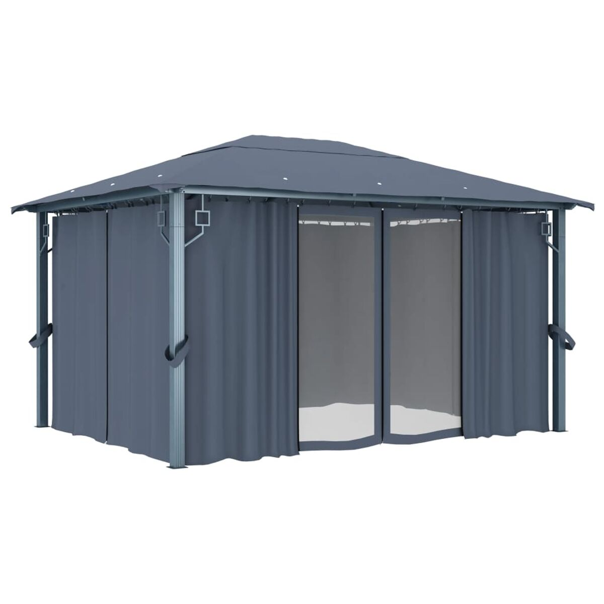 Ein grauer Pavillon mit Vorhängen, getragen von Metallstangen und einem grauen Dach.