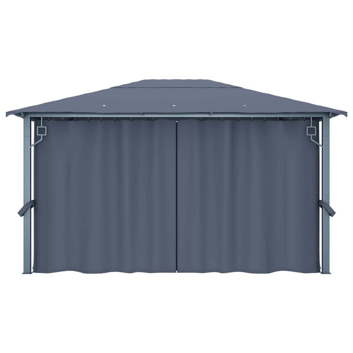 Grauer Pavillon mit Vorhängen. Der Pavillon hat ein graues Dach und einen Metallrahmen. Die Vorhänge sind geschlossen.