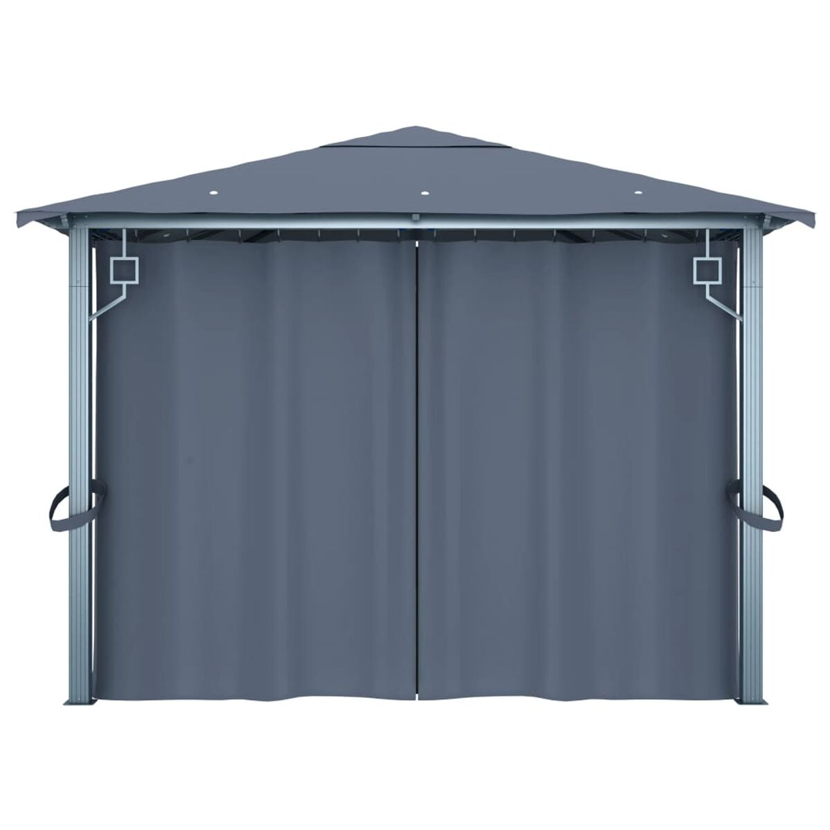 Ein grauer Pavillon mit geschlossenen grauen Vorhängen, vor weißem Hintergrund, zeigt eine Außenstruktur.