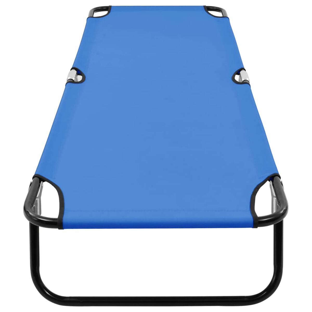 Eine blaue Sonnenliege mit schwarzem Rahmen. Das Bett ist leer, mit einfachem Design. Von oben gesehen.