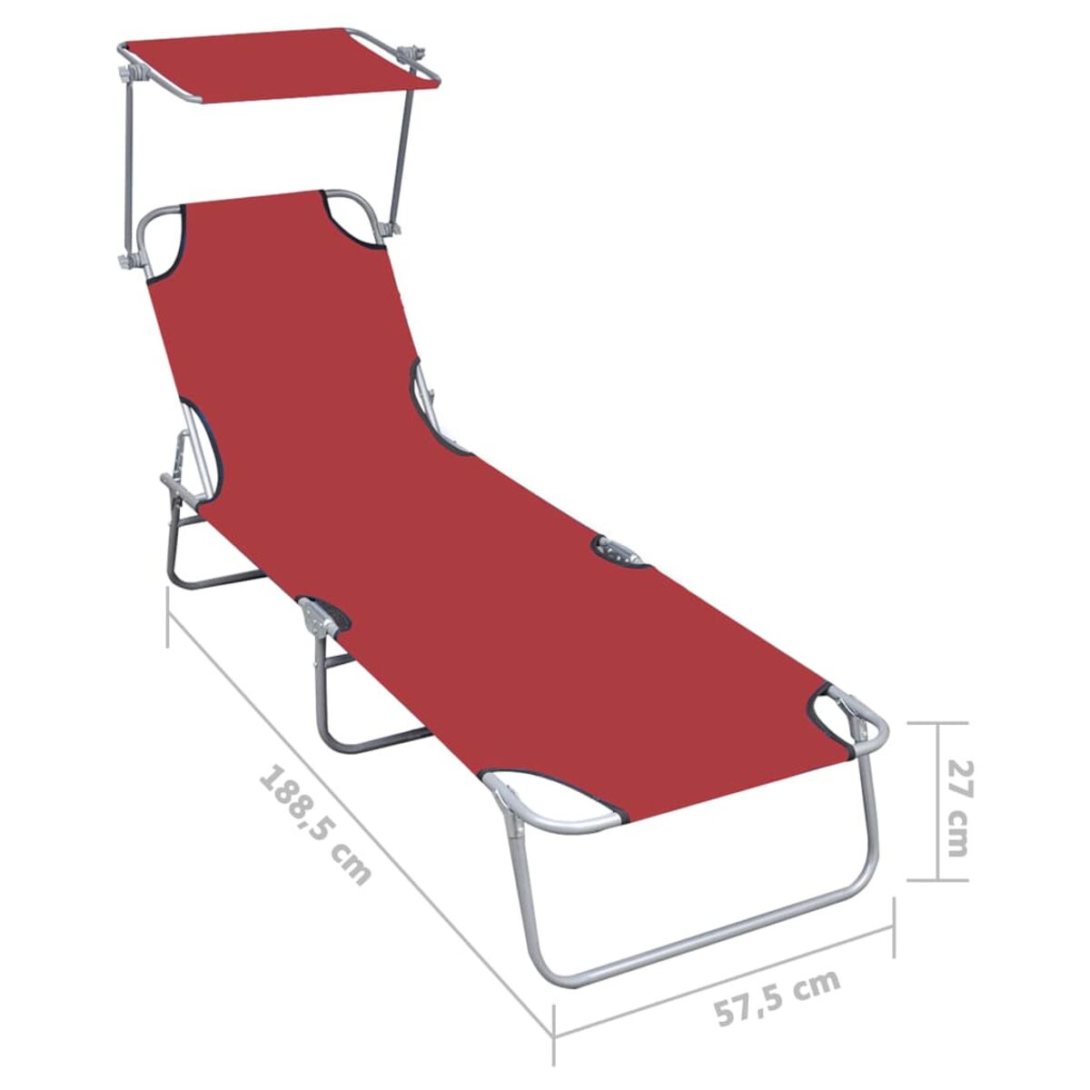 Roter und silberner klappbarer Strandstuhl mit Sonnenschutz.