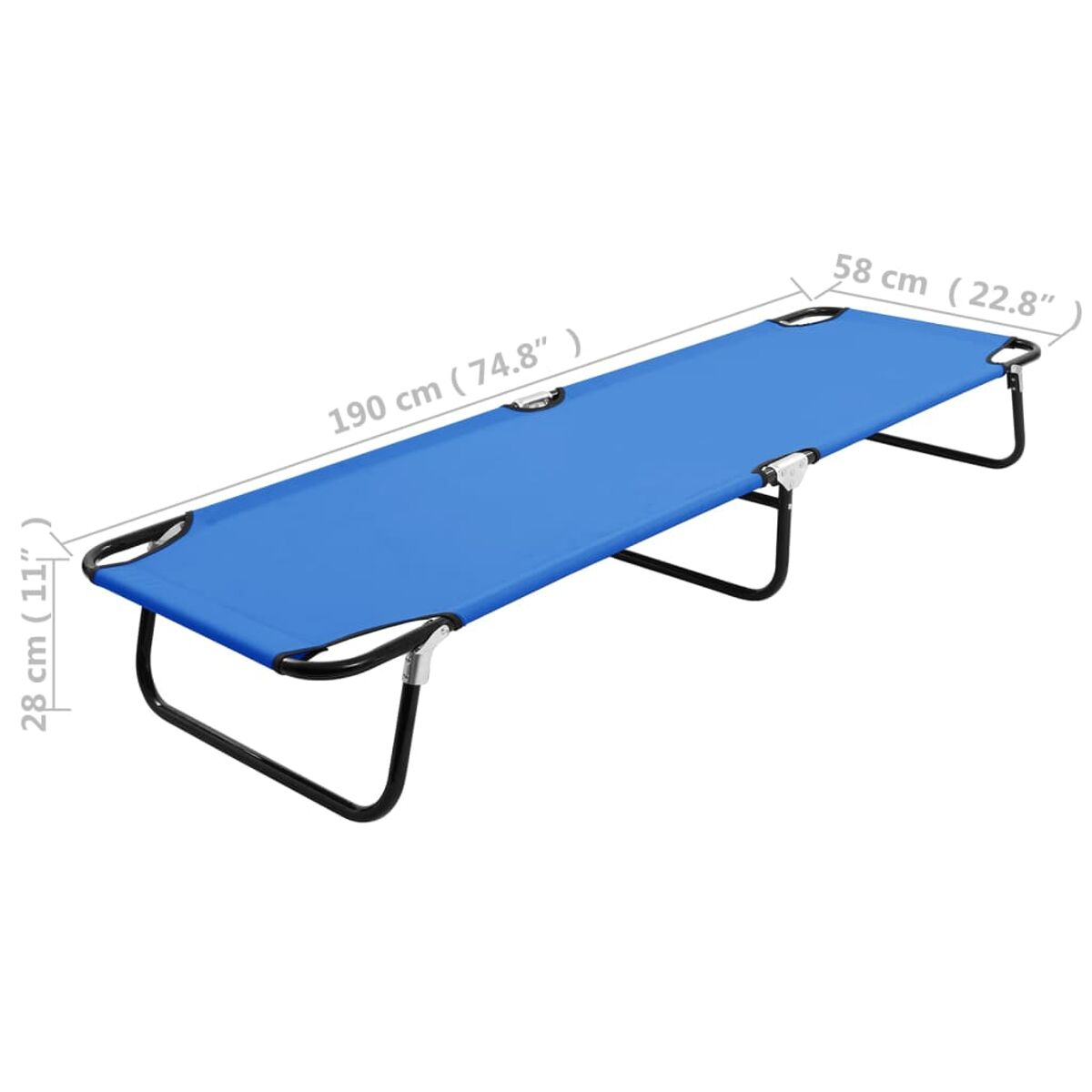 Ein blaues Klappbett, Maße 190 cm x 58 cm x 28 cm, vor weißem Hintergrund.