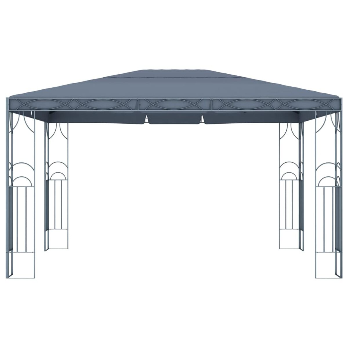 Grauer Pavillon mit Metallrahmen. Weißer Hintergrund.