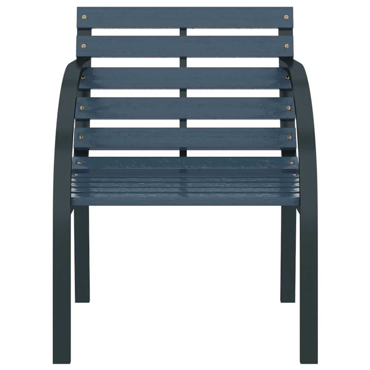 Blauer Holzstuhl mit schwarzem Metallrahmen. Latten für Rückenlehne und Sitz.