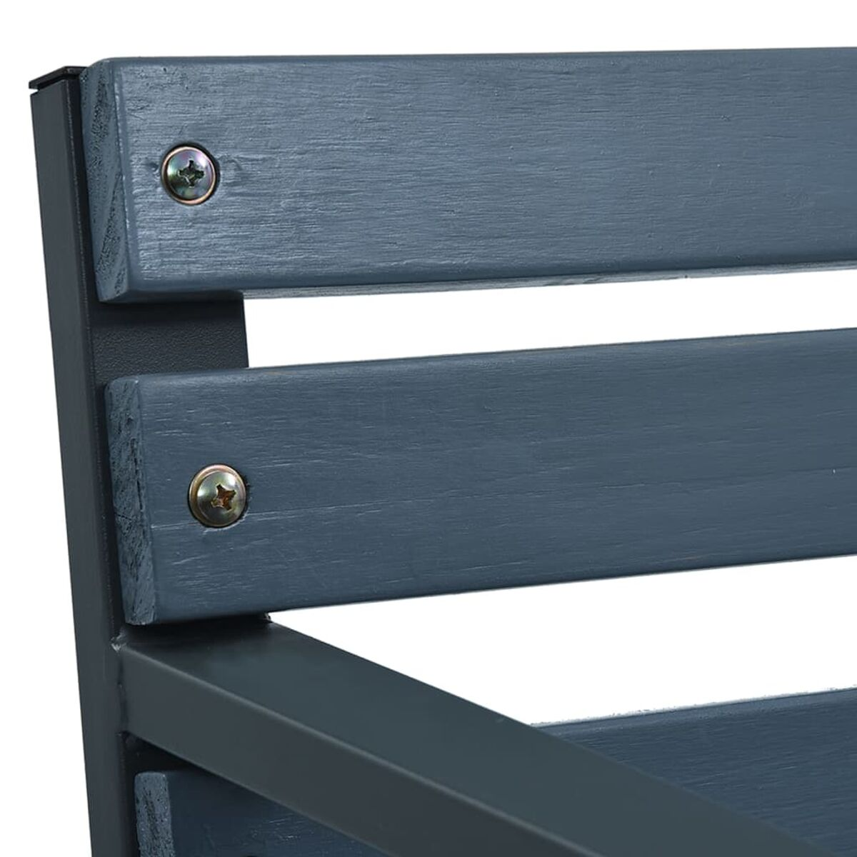 Nahaufnahme von blau lackierten Holzlatten mit Metallrahmenschrauben.