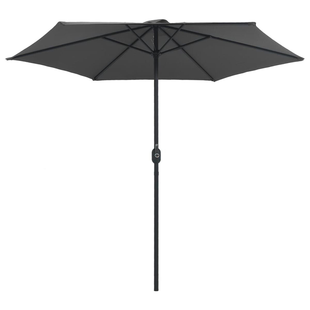 Ein schwarzer, offener Regenschirm mit zentraler Stange, vor weißem Hintergrund.