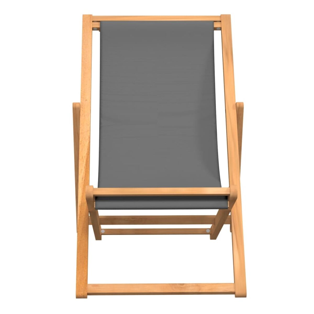 Ein hölzerner Klapp-Strandstuhl mit grauem Stoff, der darüber gespannt ist.
