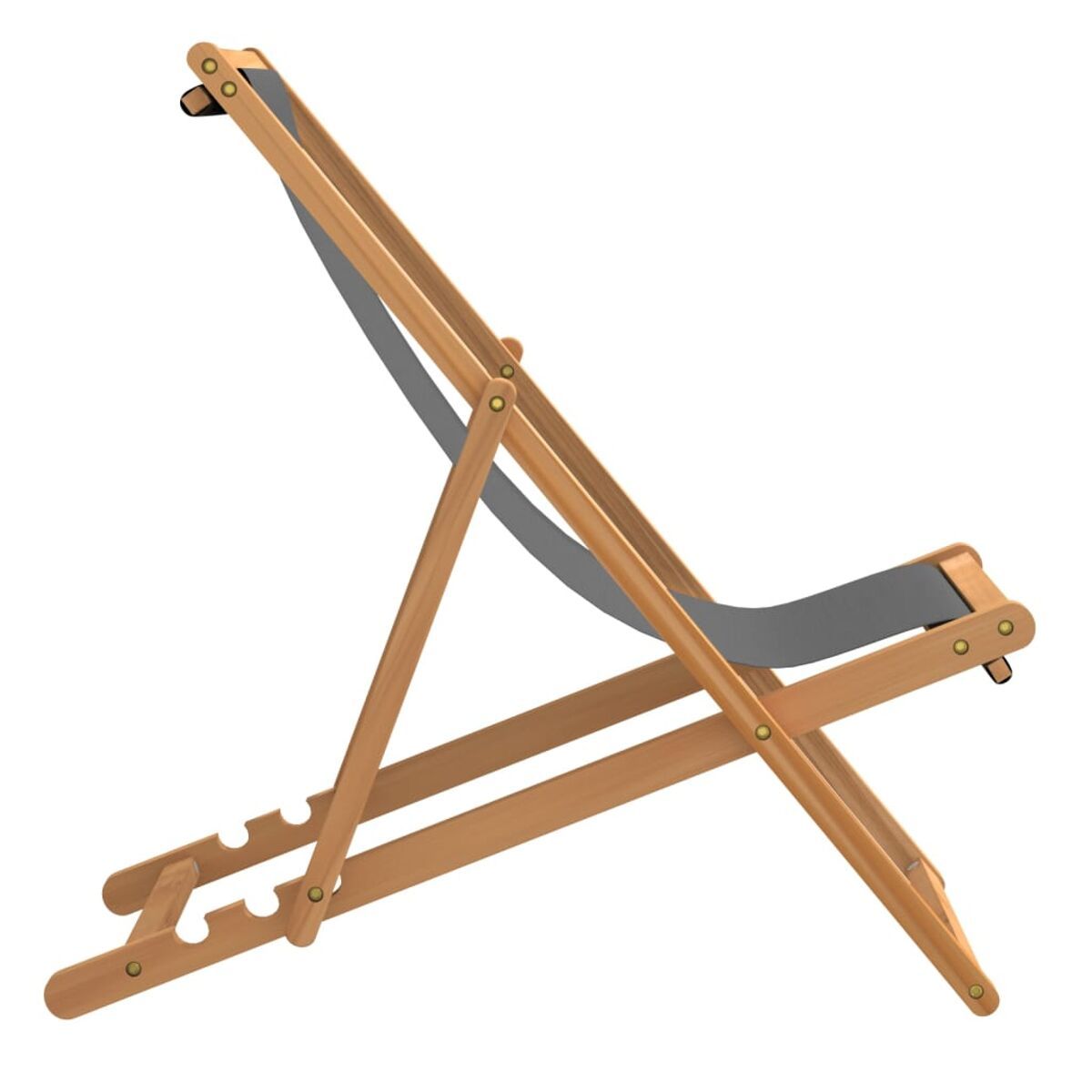 Holzstrandstuhl mit grauem Stoffbezug. Es ist zusammengeklappt und für die Freizeit geeignet.