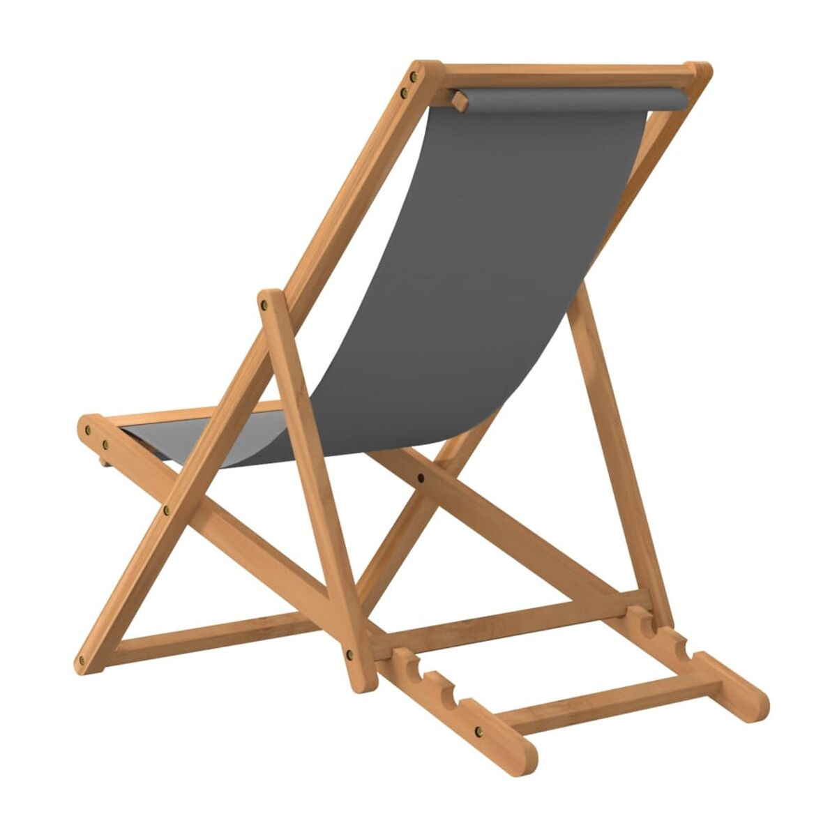 Holz-Deckstuhl, grauer Stoffbezug. Der Hintergrund ist weiß.