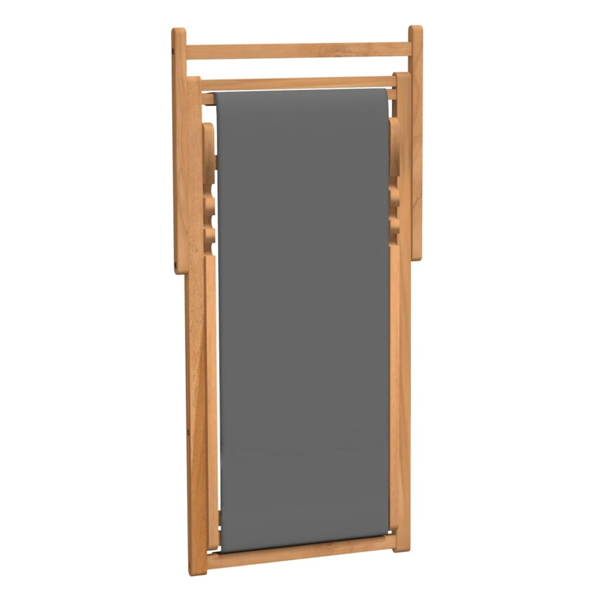 Zusammengeklappter Holz- und grauer Stoff-Outdoor-Stuhl.