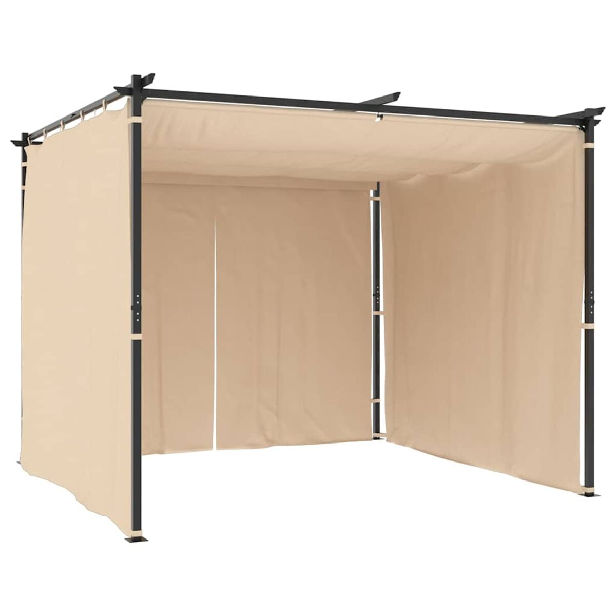 Beiger Outdoor-Pavillon mit schwarzem Rahmen und Vorhängen.