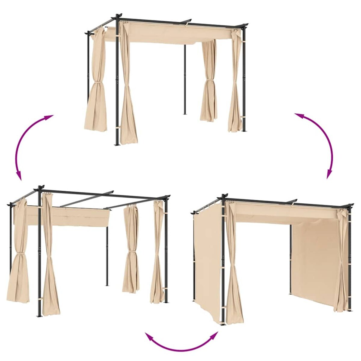 Pavillon-Transformationsprozess: Drei Bilder zeigen verschiedene Konfigurationen. Der Hintergrund ist weiß.