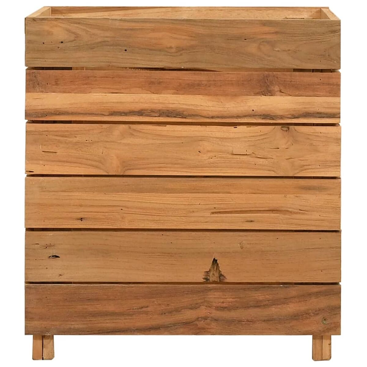 Ein rechteckiger Pflanzkasten aus Holz, hergestellt aus horizontalen Brettern. Es ist braun, mit einer Kastenform.