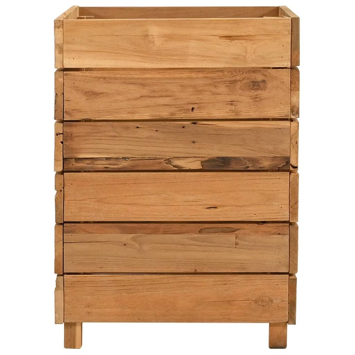 Ein rechteckiger Pflanzkübel aus Holz mit horizontalen Lamellen, auf kurzen Beinen stehend.