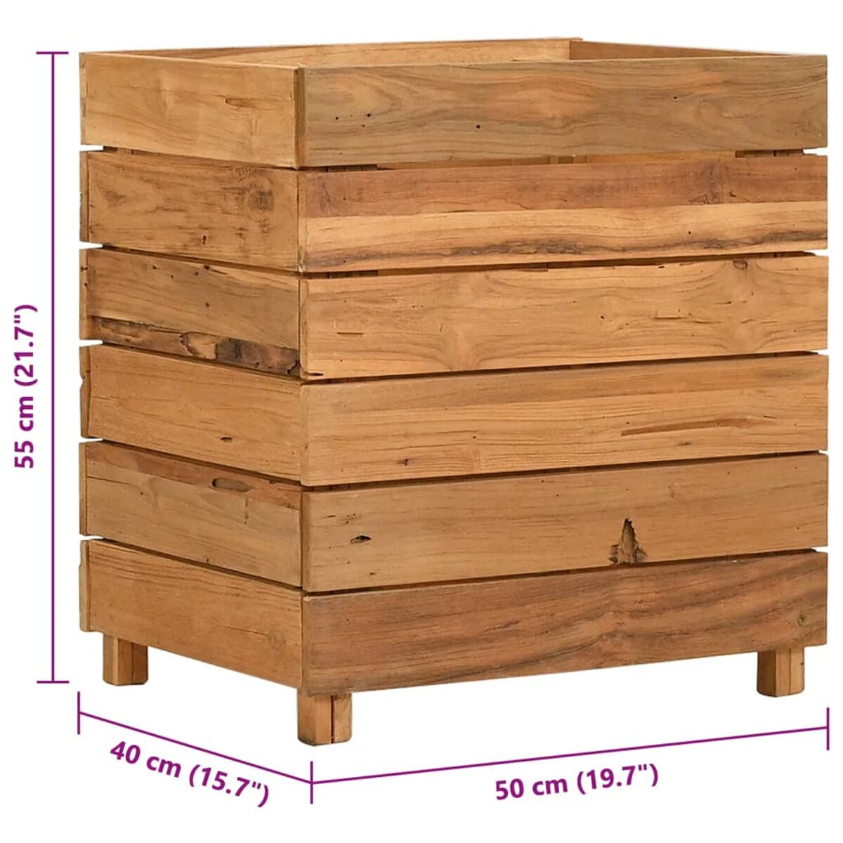 Großer Pflanzkasten aus Holz für den Außenbereich. Abmessungen sind angegeben. Er hat ein mehrschichtiges Design.