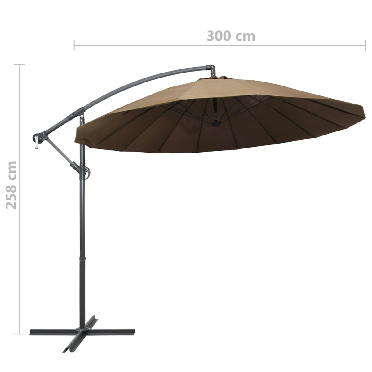 Brauner Sonnenschirm mit gebogenem Arm. Er ist geöffnet, mit beschrifteten Abmessungen.