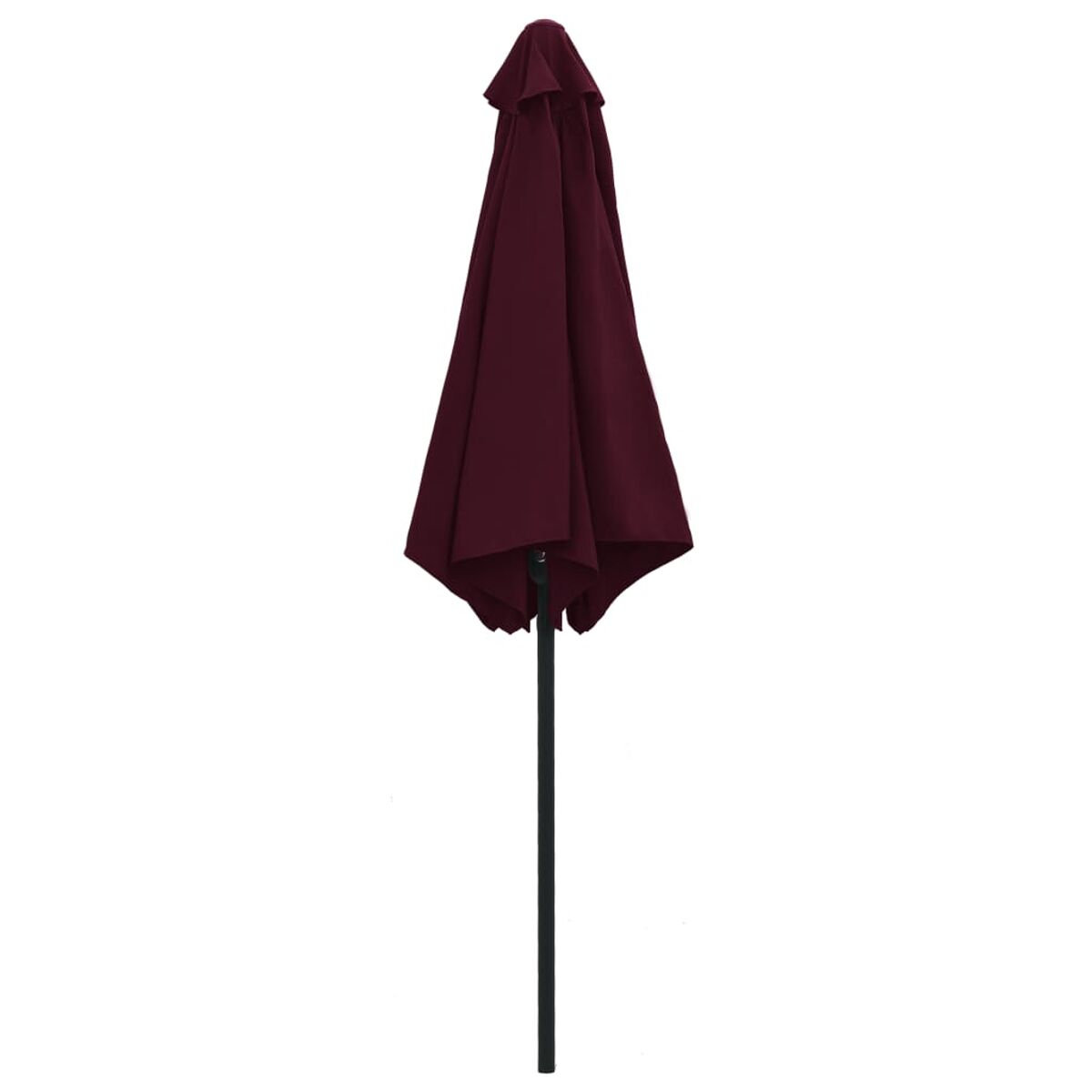 Ein geschlossener, maroonfarbener Regenschirm steht aufrecht. Der Schirm hat einen schwarzen Mast.