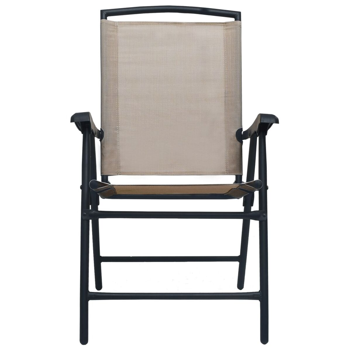 Schwarzer Klappstuhl mit beigem Sitz und Rücken. Schwarze Armlehnen. Isoliert auf weißem Hintergrund.