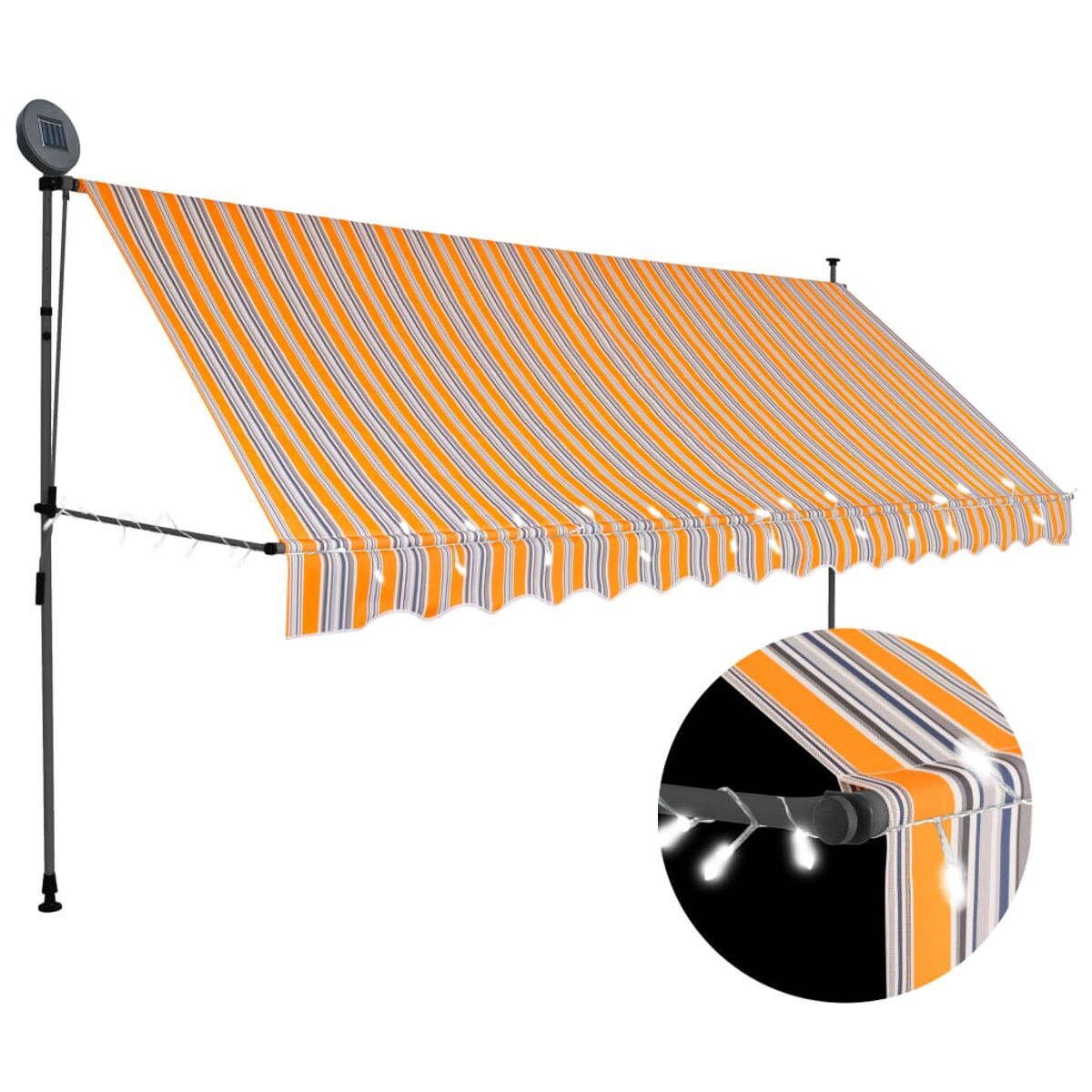 Orange und weiß gestreifte Markise mit Lichtern. Schwarze Stangen. Weißer Hintergrund.