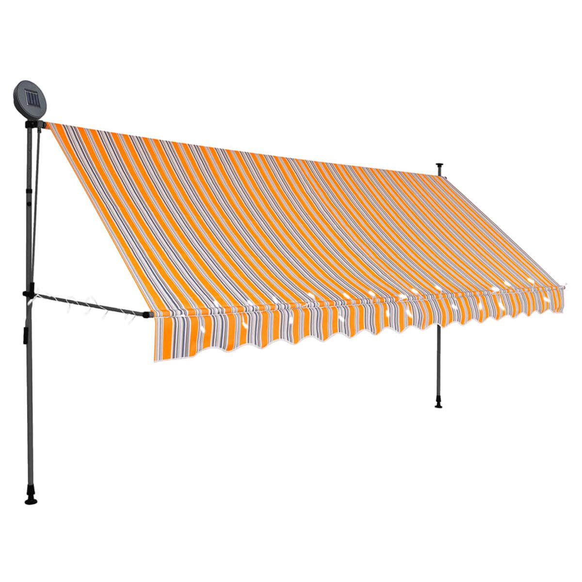 Eine orange-weiß gestreifte, ausziehbare Markise mit Solarpanel.