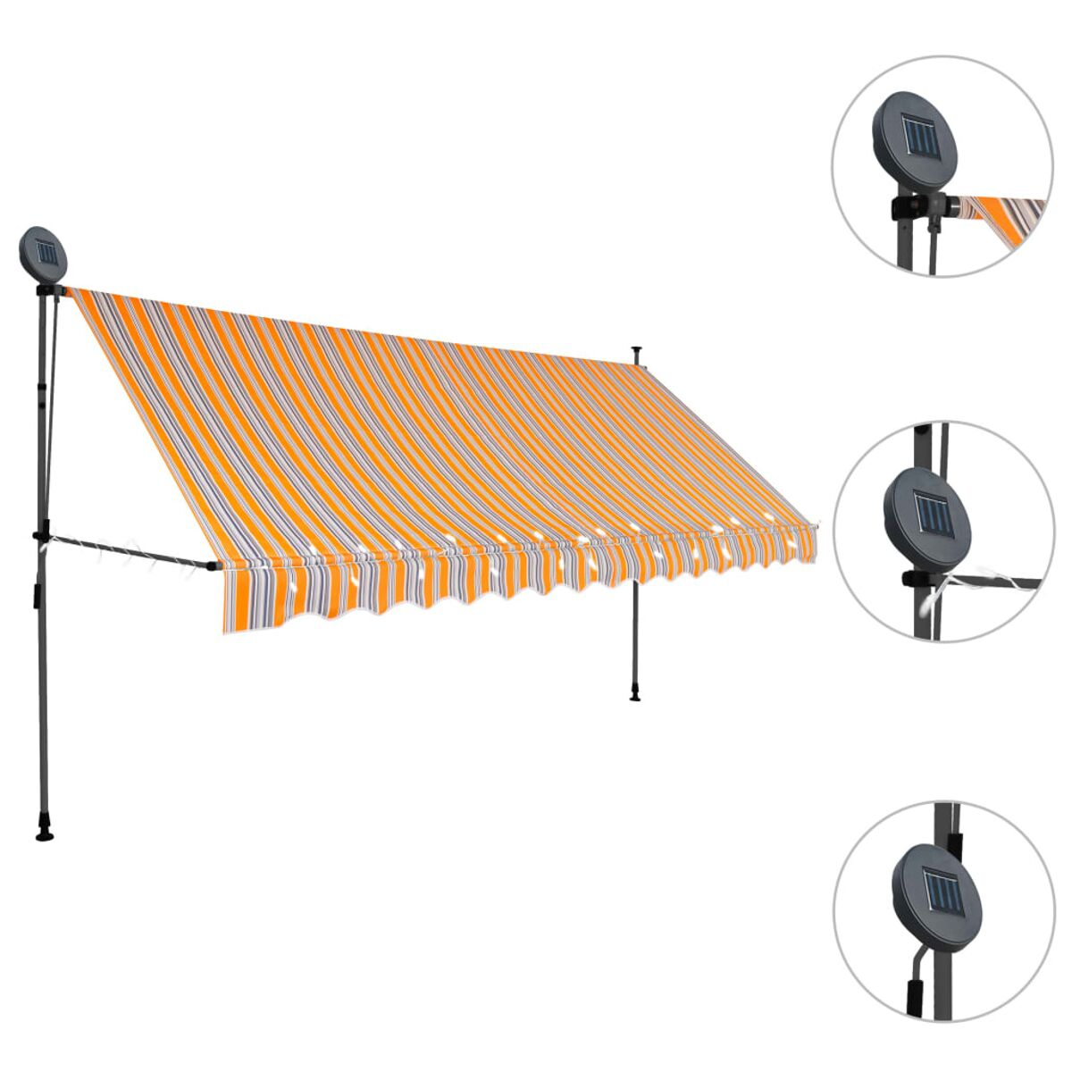 Ein orange-weiß gestreifter Markise mit Solarpanels. Der Hintergrund ist weiß.