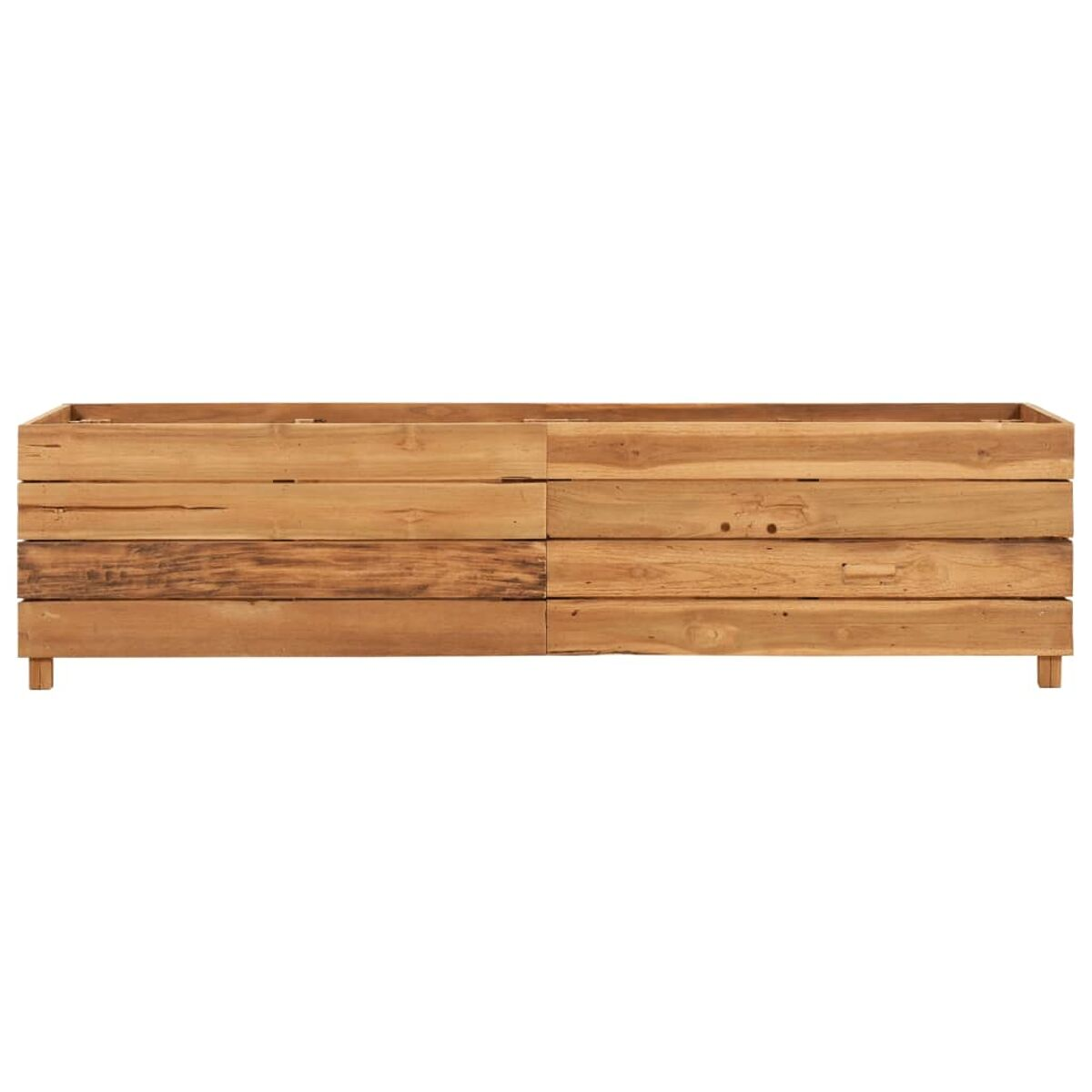 Ein langer Holz-Pflanzkasten aus Brettern, vor weißem Hintergrund. Es hat eine natürliche Holzfarbe.