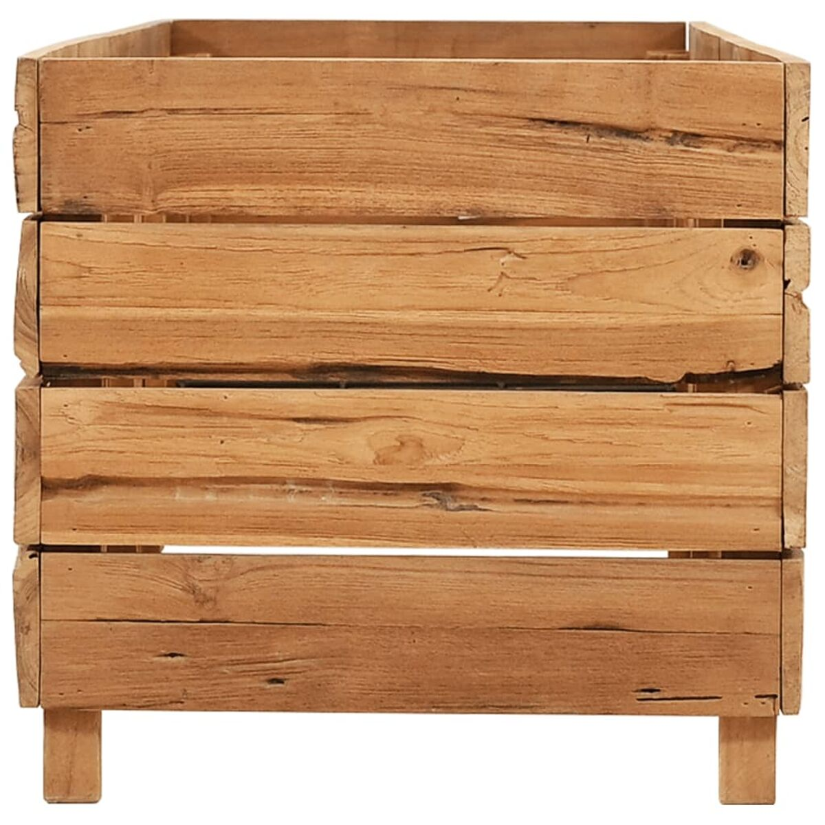 Ein brauner Pflanzkasten aus Holz mit Lamellenmuster und kurzen Beinen auf weißem Grund.