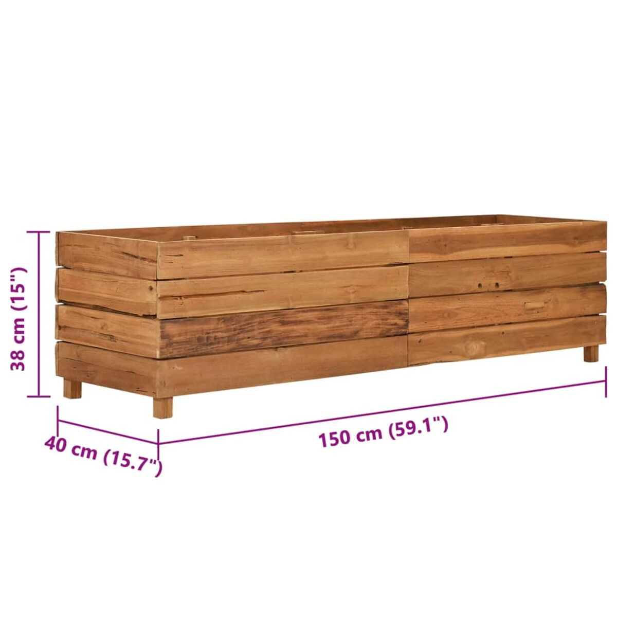 Eine lange, rechteckige Pflanzkasten aus Holz, mit angegebenen Abmessungen, vor weißem Hintergrund.