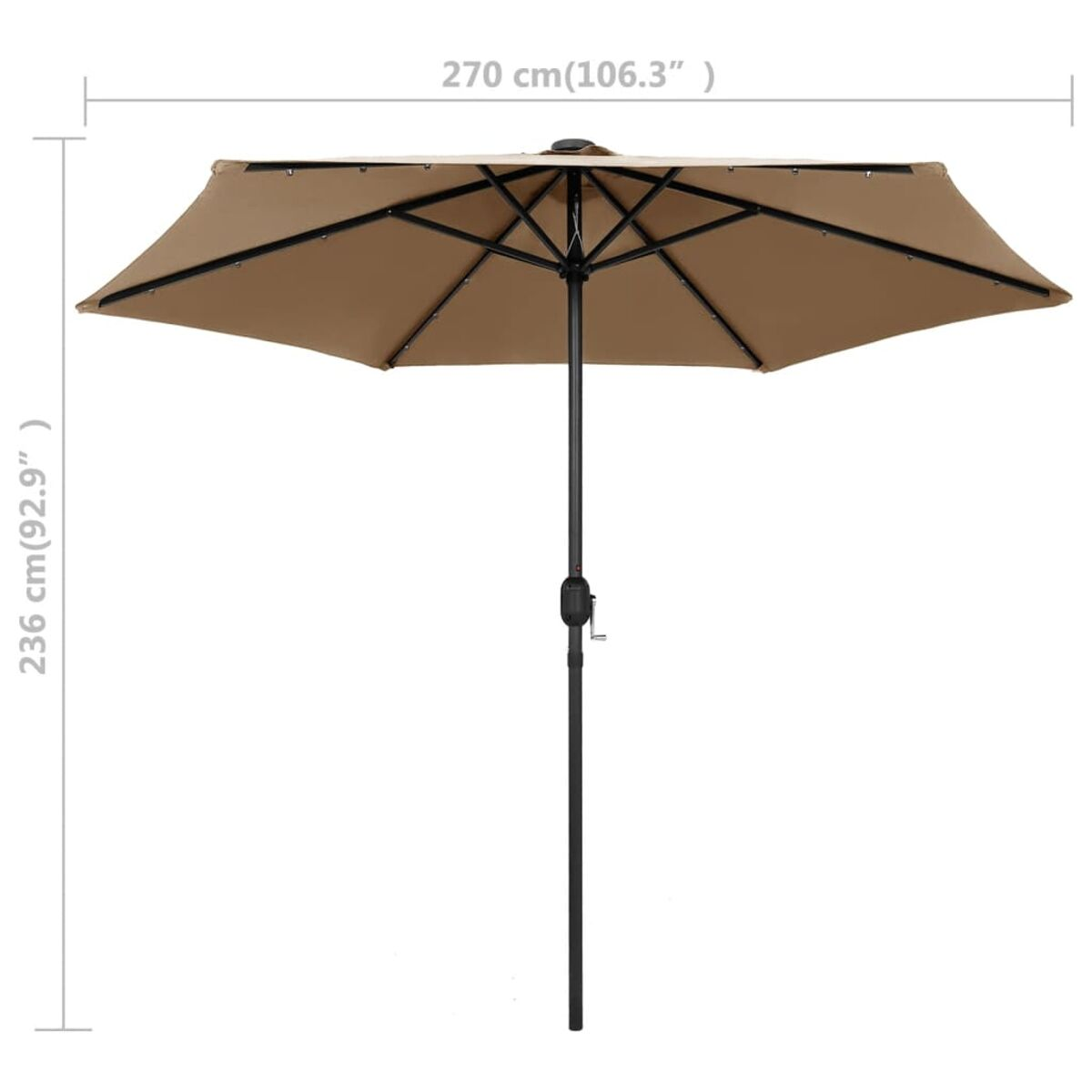 Ein offener, hellbrauner Sonnenschirm. Er ist 270 cm breit und 236 cm hoch, vor weißem Hintergrund.