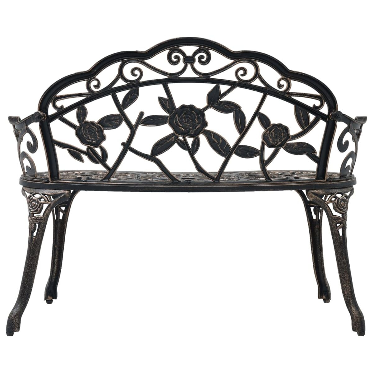 Verzierte schwarze Metallgartenbank mit Rosendetails, auf weißem Grund.