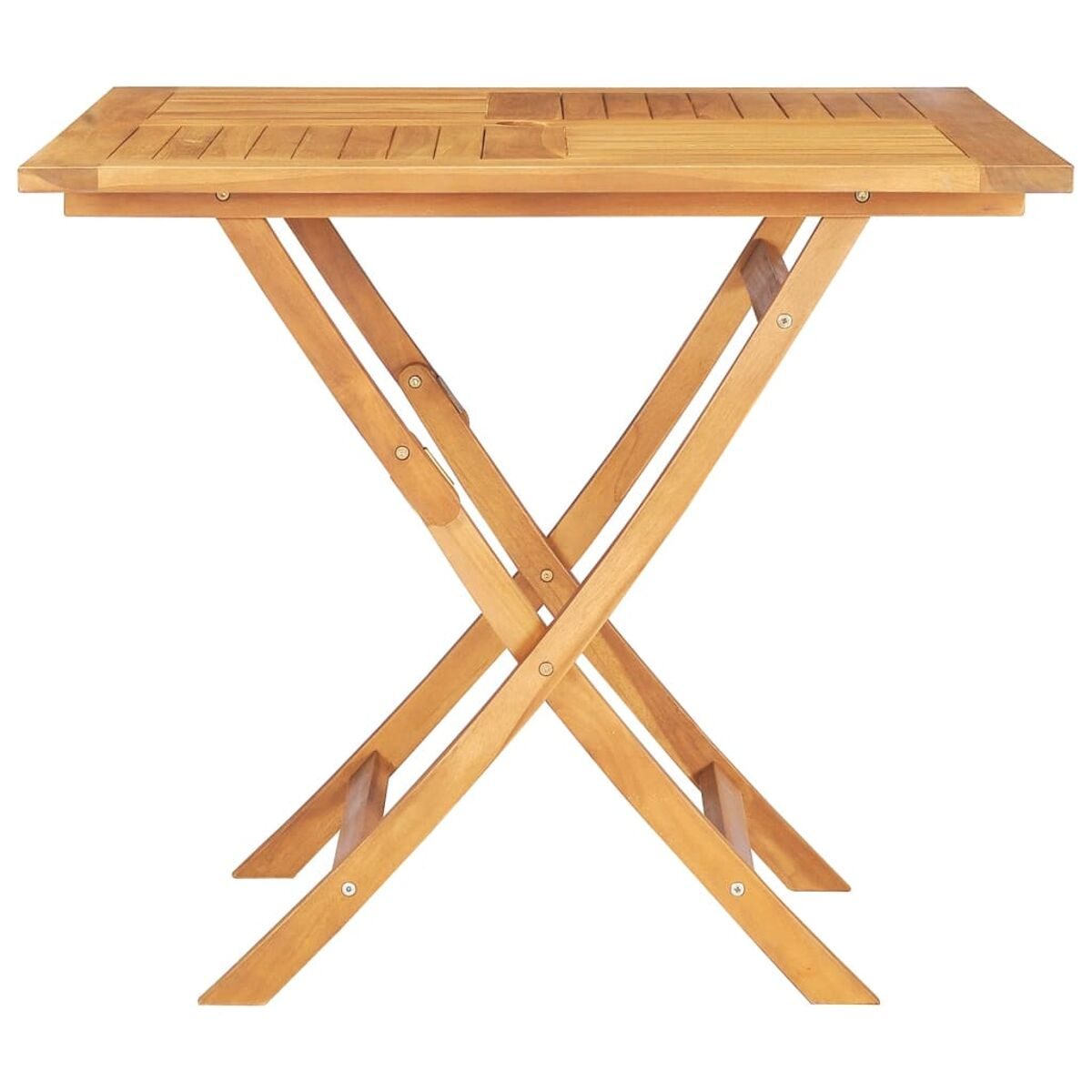Ein Holztisch zum Zusammenklappen, ausgeklappt. Die Beine bilden ein X.