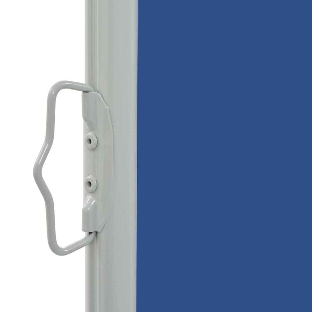 Blau-weißes Markisendetail. Griff und weißer Stützpfosten auf weißem Hintergrund.