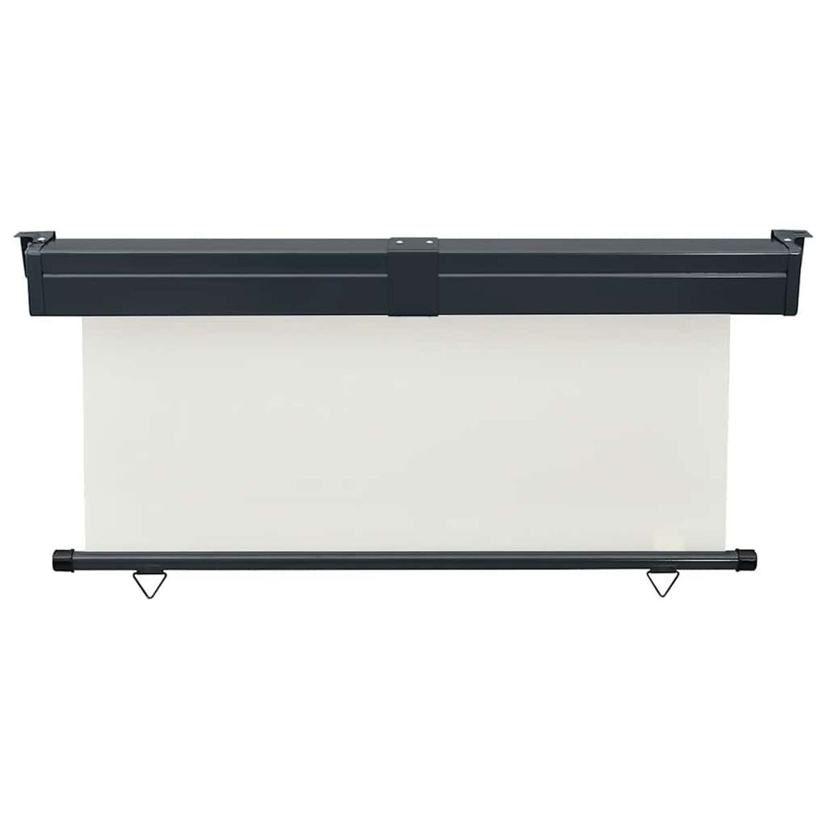 Eine weiße Rolloleinwand mit dunkelgrauem Rahmen. Der Bildschirm ist teilweise ausgefahren.