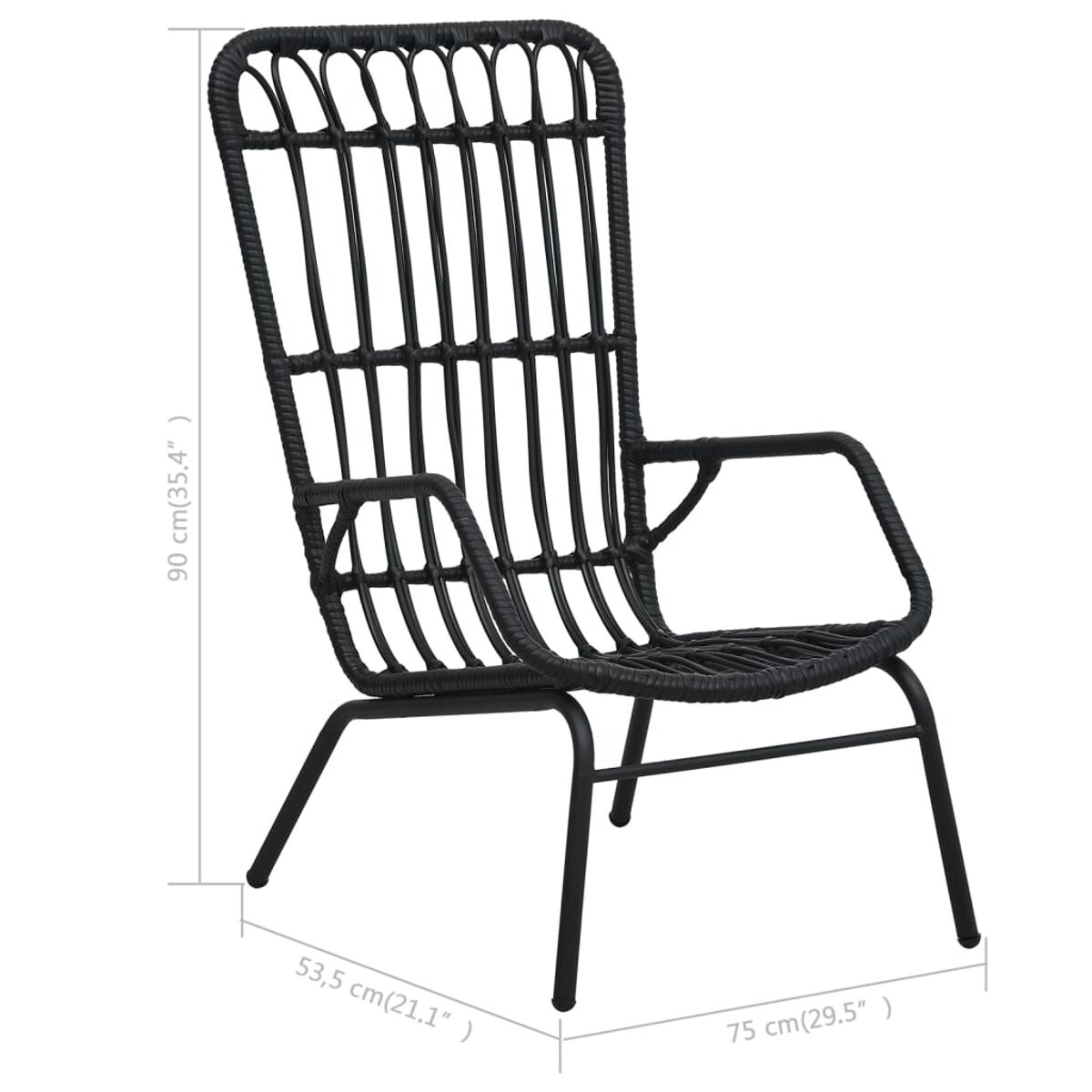Schwarzer Outdoor-Stuhl aus Korbgeflecht mit Armlehnen und hohem Rücken.