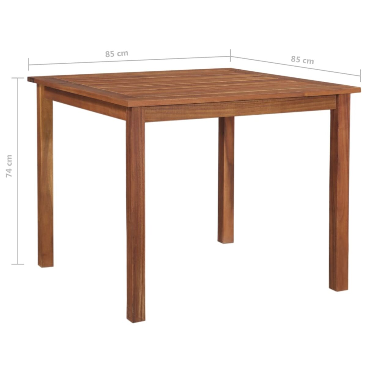 Ein quadratischer Holztisch mit Abmessungen in cm. Er ist braun mit vier Beinen und einer Lattenrost.
