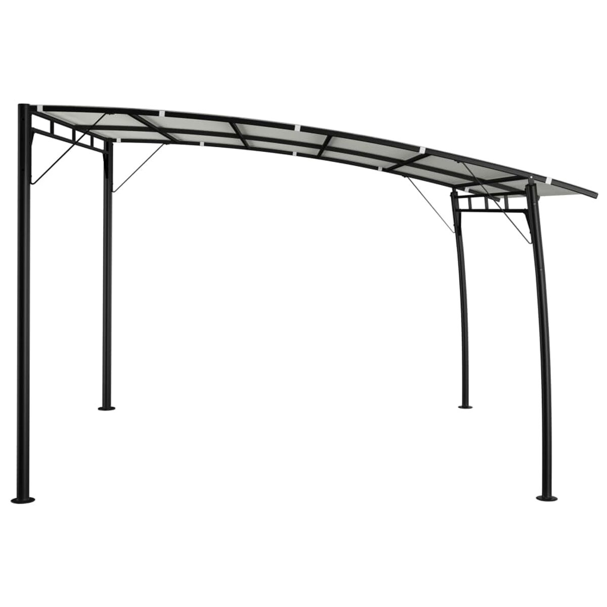 Eine schwarze Metallpergola mit weißem Dach. Sie hat vier Beine und ein gebogenes Dach, alles vor weißem Hintergrund.