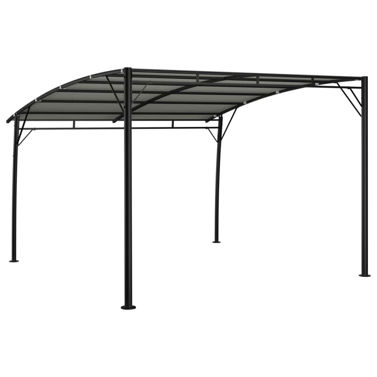 Eine schwarze Metallpergola mit grauem Dach und vier Beinen. Weißer Hintergrund.